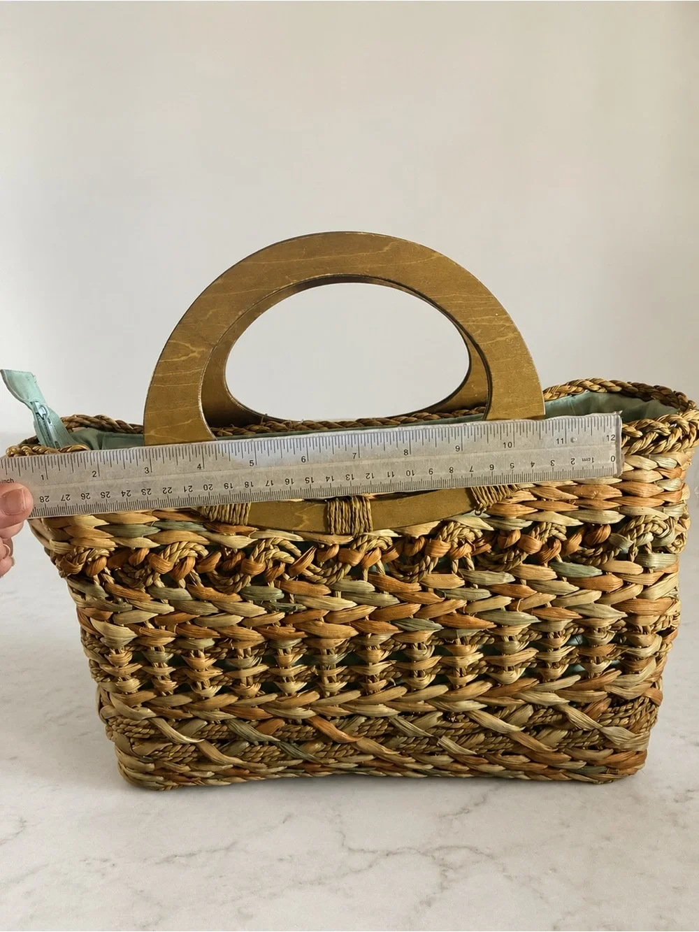 Woven Natural Fiber Handbag Wood Handles Boho Coastal Purse